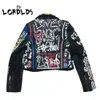 Lordlds 가죽 자켓 여성 낙서 다채로운 인쇄 바이커 자켓 및 코트 펑크 스트리트웨어 숙녀 옷 201026