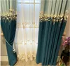 Sheer Cortinas Nova Luz Luxo Sombreado Sombreado Cashmere Chenille Beads Beads Sala de estar Quarto Azul Cortina Fio