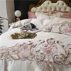 Luxe Blanc Rose Rouge 100S Fleurs de coton égyptien broderie Palais européen Literie Housse de couette drap de lit / Taie d'oreiller en lin T200706