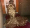 Sparkly Pullu Afrika Balo Elbise 2022 Altın Halter V Boyun Mermaid Backless Abiye Tren Ile Artı Boyutu Örgün Elbise Amerikan Siyah Kızlar Gece Durum Elbise