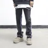 High Street Washed Color Match Frayed Micro-flared jeans Herr Raka Skarvade Retro Lösa Casual Denim Byxor Hip Hop Byxor