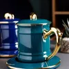 Gllead Creative Blue Tea Cup Green Ceramic Coffee Cups and Saucer 350 ml Office Teacup Porslin med lock och sked modegåva T200506