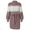 Women Lantern Sleeve Knitting Sweater Dress Fashion Trend Long Sleeve High Neck Short Skirt Designer Female Winter Colorblocked Casual Dress