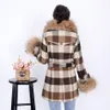 Maomaokong plaid dames jas lederen wasbeer oversized bont kraagjas dubbelkast met wintertaart overwinnen vrouwelijke blazer 201103