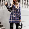 Damesmode Plaid Houndstooth Printing Lange Jas Revers Trench Coat Overjas Winter Faux Wol Jas Dames Abrigos Mujer