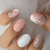 Falska naglar runt falska naglar fullt omslag konstgjord vit rosa tryck på khaki kort falsk nail art tips designer 220225