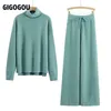 GIGOGOU Luxury Cashmere Minsk Women Wide Leg Pant Suits Thick Warm Turtleneck Sweater Tracksuits 2/Two Piece Sets Clothing 211221