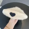 Fashion Solid Color Fur Beret Women Cute Love Heart Decoration Fluffy Painter Caps Warm Winter Hats