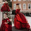 and Vintage Red Black Dresses Long Poet Sleeves Tiered Skirt Satin Lace Crystals Corset Back Wedding Bridal Gown Robes De Mari e