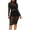 Sommar Kvinnor Långärmad Casual Klänningar Sheer Mesh See Through Sexy Party Club Night Midi Dress Three Sets