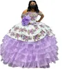 2022 Branco Lilás Floral Applique Quinceanera Vestidos Mexicanos Charro fora das mangas curtas do ombro Plus Size Ball Ball Sweet 16 vestido Prom