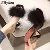 Eilyken Donna Piuma Trasparente Tacchi alti Pelliccia Pantofole Sandali Donna Peep toe Mules Lady Pumps Slides Bianco taglia 35-41 0227