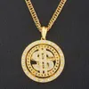 Hip Hop Rotatable Pieniądze US Dolar Symbol Naszyjnik Długi Łańcuch Bling Bling Gold Silver Plated Austriacki Crystal Diamond Dollar Sign Naszyjnik Dla Mężczyzn Kobiety