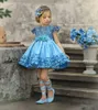 Krótki Blue Princess Flower Girl Sukienki na Wesela Klejnot Koronki Koronkowe Aplikacje Bow Undering Little Kids Baby Suknie First Communion Suknie