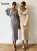 Tawnie Knitted Dress Sets Women's Suit With a Skirt Long Sleeve V Neck Casual Crop Sweater Split Midi skirt Female Set 220302