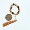 Wooden Beads Wrist Keychain PU Leather Key Ring Leopard Party Wood Bead Bracelet Wristband Bangle with Disk Tassel for Women Wrist4982229