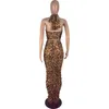 Mode Skinny Two Piece Sets Women Leopard Tweed Piece Dress Sexy Zie door Halter Crop Tops 2PCS2745294