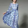 Novo estilo europeu feminino boho manga longa vintage azul e branco vestido de impressão marca maxi vestido vestidos de festa lj2008243215