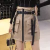 Linia Zipper Kobiety Mini Cargo Spódnice Kieszenie Sashes Bodycon Solidna Panie Krótki Spódnica Lato Sexy Czarny Khaki Dolny T200324