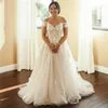 Vintage Off Shoulder A Line Lace Wedding Gowns 2021 with Appliques Sweep Train Lace-Up Tulle Bridal Dresses vestidos de novia