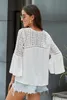 TEELYNN White lace blouse Top vintage V Neck Flare Sleeve Hollow Summer blouse shirt Casual boho blusas plus size 220307