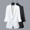 Aelegantmis Slim Fit Casual Travail Bureau Business Blazers Femmes Mode 3/4 Manches Veste d'été Lin Coton Blazers Blanc 201201