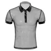 Iiniim Mens Se genom Sheer Fishnet Turn-down Collar Kortärmad Hål Ut T-shirt Muskel Toppar Clubwear Moto Party Kostymer