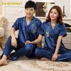 Appliques Imitated Silk Homesuit Homeclothes Fashion Style Short Sleeve Long Pants Blue Couple Men and Women Turn Down Collar LJ201112