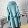 OFTBUY Cappotto in vera pelliccia Giacca invernale da donna Collo in pelliccia di volpe naturale Misto lana cashmere Capispalla lunga Cintura da donna Streetwear 201218