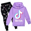 Tik Tok Set för Big Boy Girl TrackSuit Kläder Höst Vinter TikTok Kid Hooded Sweatshirt + Print Pant 2 PC Outfit Barn Sport kostym