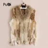 VR001 Gratis frakt Kvinnor Naturlig Real Rabbit Fur Vest med Raccoon Fur Collar Waistcoat / Jackor Rex Kanin Stickad Vinter 201209