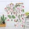 2021 Japansk stil Enkel Kort Kvinnor Kvinna 100% Bomull Gaze Short Sleeve Byxor Damamas Pyjamas Suit Cute Pyjamas Sätter hem X0526