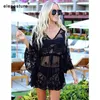 Sexy Mesh Beach Cover Up Lace Beach Dress Women Bikini Swimsuit CoverUp Long Sleeve Beach Tunics Bathing Suits CoverUps T200324