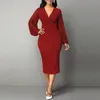 Casual Sukienki Jesień Sukienka Kobiety 2021 Plus Size Slim Office Ołówek Bodycon Elegancki Sexy V-Neck Hollow Out Długa impreza