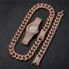 Gold Plated Cuban Chain Necklace With Bracelet Watch Iced Out Hip Hop Jewelry Set For Men