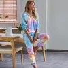 Gradient Loungewear Women Pajama Set Home Wear Tie-Dye Print Nightwear Sleewwurs Мода Весна Летнее Короткая рукава Пижама Женщины T200707