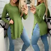 Kvinnors tröjor Svart Casual Solid Knapp Design Slit Långärmad Ribbed Sweater Topp Höst Vinter Kläder Lös O ​​Neck Sticka Pullover