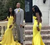 Nya Billiga Simple Yellow African Black Girls Plus Size Mermaid Prom Klänningar Lång Pageant Graduation Wear Formal Dress Evening Party Gowns