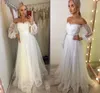 Off Shoulder Wedding Dress 2021 Lantern Långärmad Point Net Tulle Vit Billiga Bröllopklänningar A-Line Golvlängd Elegant Vestidos de Novia