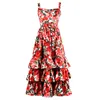 High quality 2020 summer new fashion red rose print lotus leaf side cascading cake type sexy harness beach style women dress Y0118