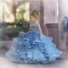 Vestidos da menina Dusty Blue Flor Girl Para Casamento Robe de Soirée Mariage Grupos Gravos Tule Ruffled Primeira Comunhão Dress1