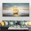 Posters de paisagem modernos e impressões de barco de ouro na tela do mar Pintura de parede de imagens para a sala de estar decoração sem moldura