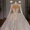 Sequined Ball Gown Wedding Dresses Long Sleeves Beading High Neck Bridal Gowns Arabic Custom Made Robes De Marie