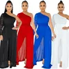 2022 Dames Bodycon Jumpsuits Lady Sexy One Shoulder Lange Mouw Tuniek Slanke Pant Hoge Spleet Mesh Uite-Piece Kleding voor Party Club