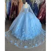 Bahama Mavi 3D Çiçekler Quinceanera Elbiseler Wrap Kristal Boncuklu Elbise Abiye giyim Klasik Sevgiliye Dantel-Up Tatlı 16 Elbise Artı