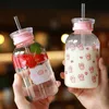 Ny 450 ml Kawaii Pig Glass Water Bottle With Straw Cartoon Fashion Söta dricksvattenflaskor för barn Girl Student Water Cup LJ2219L