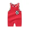 Yeni yaz Romper moda çocuk giysileri Unisex O-Boyun pamuk ekose şerit Patchwork kısa kollu erkek bebek kız T-shirt 1-6 yıl