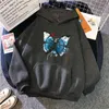 Blå Butterfly Print Man Sweatshirt Oversize Fleece Pocket Hooded Sweatshirt Vintage Comfortable Hoody Hip Hop Anime Streetwear H1227