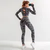 Ioga conjunto feminino roupas fitness de fitness yoga bra esporte mangas compridas tops camuflage ginástica calças de ginástica