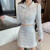 2021 Pink A Line Autumn Winter Two Piece Set Elegant kjol kostym Ny mode tweed långärmad skörd top + bodycon mini kjol set kläder